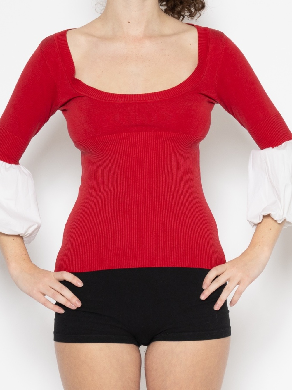 BEBE red puff sleeve top sweater style white puff sleeves size XS silk